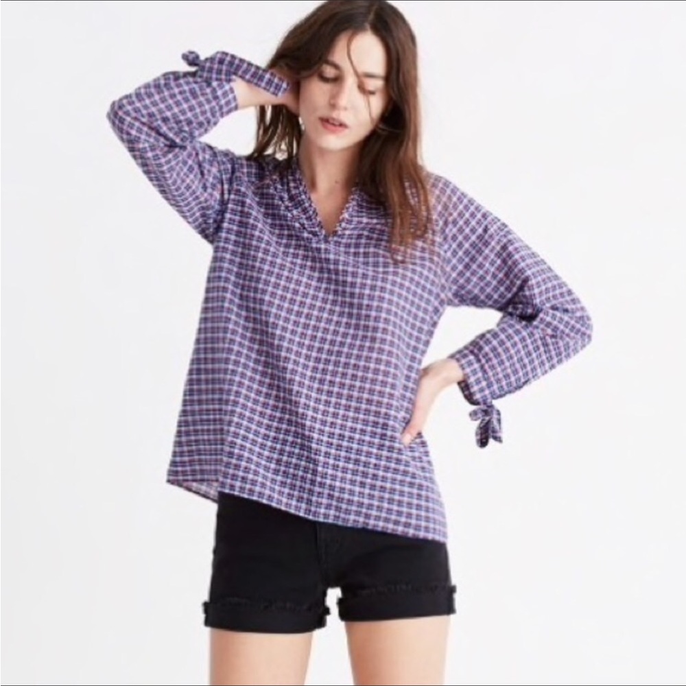 MADEWELL TIE SLEEVE POPOVER TOP IN WHITBY PLAID